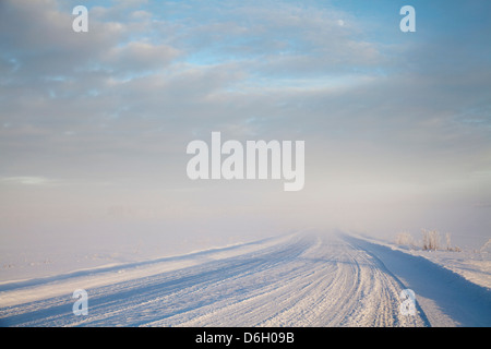 Reifenspuren im verschneiten Feldweg Stockfoto