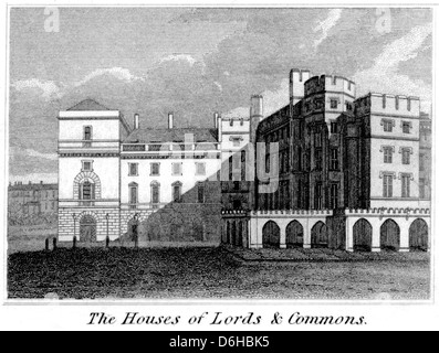 Eine Gravur mit dem Titel „The Houses of Lords & Commons“, die in hoher Auflösung aus einem 1825 erschienenen Buch gescannt wurde. Urheberrechtlich geschützt. Stockfoto