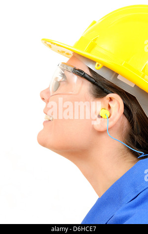 Frau mit Ausrüstung und Ohr Schutzstopfen Stockfoto