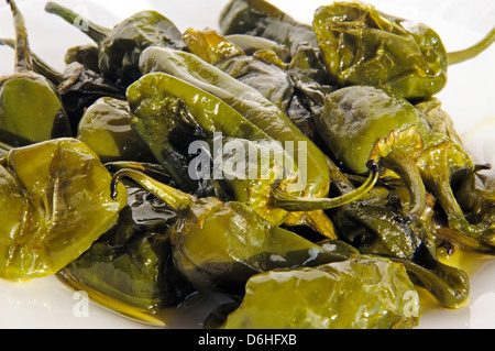 Padron Paprika tief gebraten in Olivenöl Tapas, Costa Del Sol, Provinz Malaga, Andalusien, Südspanien, Westeuropa. Stockfoto