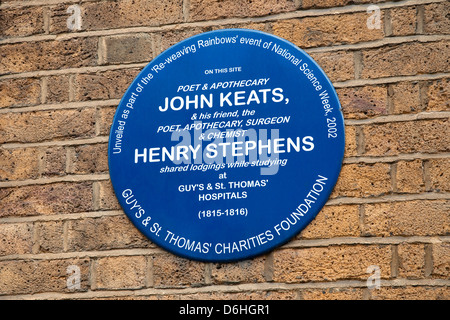 John Keats und Henry Stephens Gedenktafel außerhalb von guy's Hospital in London, England Stockfoto