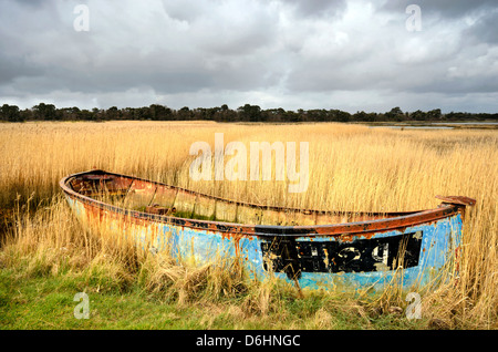 Rostige alte Schiffbrüchige und Bandoned Boot im Schilf auf Salzwiesen im Hafen von Poole, Dorset. Stockfoto