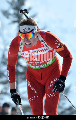 Norwegische Biathletin ist Emil Hegle Svendsen auf seinem Weg bis zur Ziellinie, während die Männer 10 km Sprint-Event bei den Biathlon-Weltmeisterschaften in der Chiemgau Arena in Ruhpolding, Deutschland, 3. März 2012. Foto: Martin Schutt Stockfoto