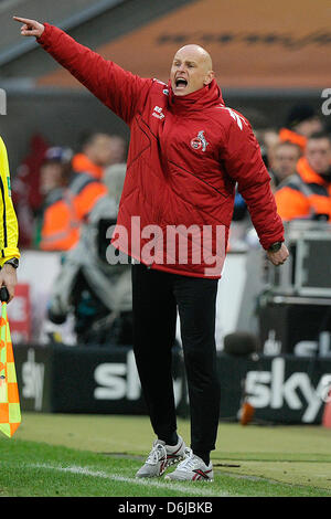 Kölns Trainer Stale Solbakken Gesten während der Fußball-Bundesliga Spiel 1. FC Köln gegen Hertha BSC im RheinEnergieStadion in Köln, 10. März 2012. Köln am 1: 0. Foto: Marius Becker Stockfoto