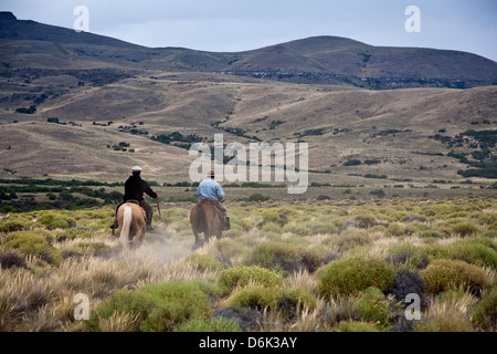 Gauchos reiten Pferde, Patagonien, Argentinien, Südamerika Stockfoto