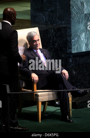 Präsident von Chile Sebastian Pinera 66. Sitzung der Generalversammlung der Vereinten Nationen statt, am Amtssitz der Vereinten Nationen Stockfoto