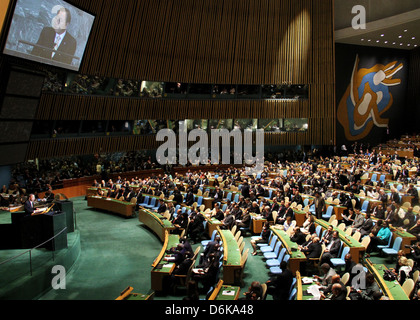 UN-Generalsekretär Ban Ki-Moon liefert eine Adresse bei der Generalversammlung der Vereinten Nationen im UN-Hauptquartier am 21. September, Stockfoto