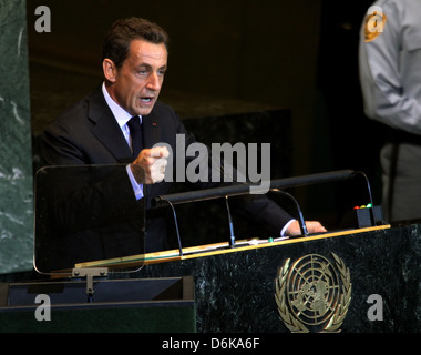 Der französische Präsident Nicolas Sarkozy liefert eine Adresse bei der Generalversammlung der Vereinten Nationen im UN-Hauptquartier am 21. September, Stockfoto