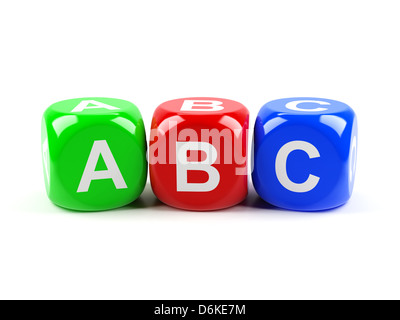 3D Render von ABC Würfel isoliert auf weißem Hintergrund Stockfoto