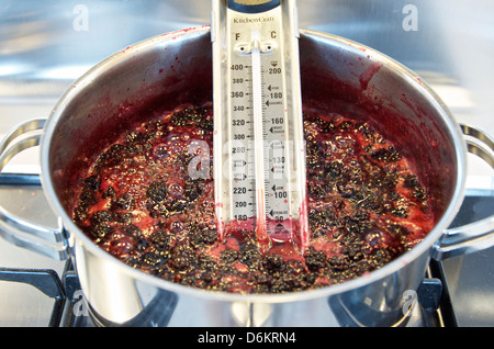 Die Jam: Schritt 8, Kochen, Brombeeren, Zucker und Wasser erreichen die Einstellung Temperatur auf dem Thermometer. Stockfoto