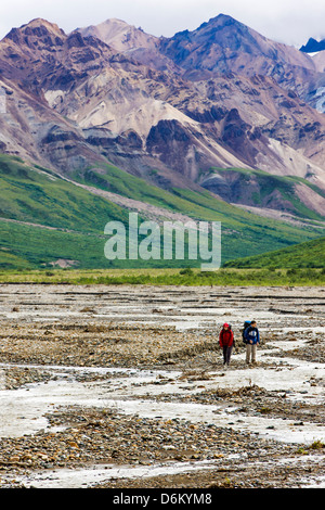 Zwei Backpacker sorgfältig Fjord Toklat River, Denali National Park, Alaska, USA Stockfoto