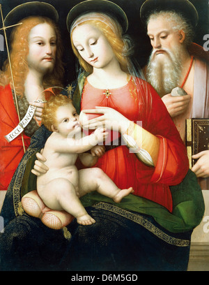 Andrea Piccinelli bekannt als "il Brescianino", Madonna mit Kind und Heiligen Johannes dem Täufer und Girolamo 16. Jahrhundert. Stockfoto