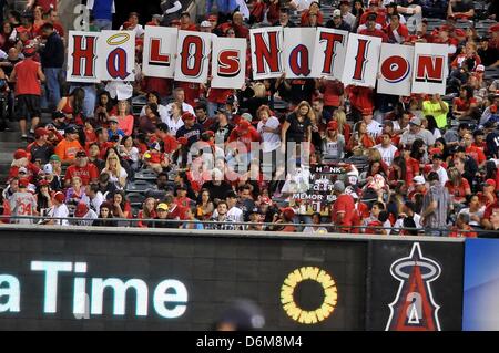 Anaheim, Kalifornien, USA. 19. April 2013. Engel-Fans halten ein Schild mit Halos Nation im rechten Feld während der Major League Baseball Spiel zwischen den Detroit Tigers und die Los Angeles Angels of Anaheim im Angel Stadium in Anaheim, Kalifornien. Josh Thompson/Cal-Sport-Medien Stockfoto