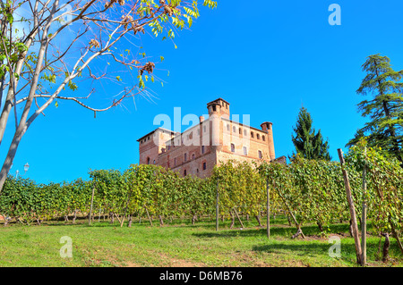 Ansicht der mittelalterlichen Schloss von Grinzane Cavour zwischen Weinbergen in der Abfahrt unter blauem Himmel im Piemont, Norditalien. Stockfoto