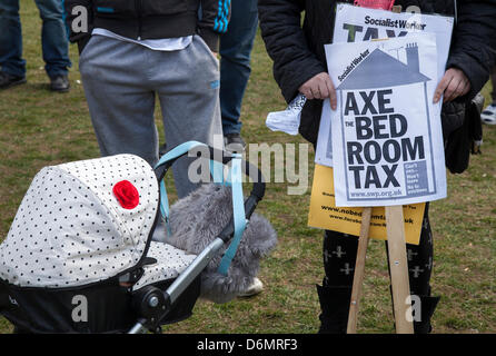 Manchester 20. April, 2013. Ax das Schlafzimmer Steuer" ax die Steuer" Protest die Sitzung und Demonstration in Piccadilly der United Services Benutzer Ausschuss gegen Salford Rat Kürzungen der psychischen Gesundheit. Salford Manchester und psychische Gesundheit benutzer Vereinen für die Demo. Mitglieder der (United Service User Committee) mit Manchester service Benutzer & Mental Health Network (MUN) in Manchester Piccadilly Gardens. Stockfoto