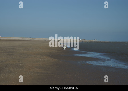 Camber Sands Wasser vorne Sandstrände blauen Himmel Sonne Stockfoto