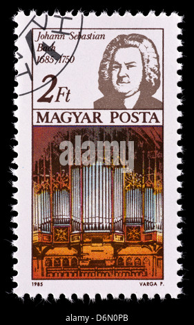 Briefmarke aus Ungarn, Johann Sebastian Bach und Thomas Church Organ darstellen. Stockfoto