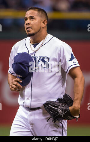 St. Petersburg, USA. 20. April 2013: Tampa Bay Rays Entlastung Krug Joel Peralta (62) tritt Spiel oben 8. während der Major League Baseball Spiel Action zwischen den Oakland Athletics und die Tampa Bay Rays. Tampa Bay besiegten Oakland 1-0 im Tropicana Field in St. Petersburg, FL. Stockfoto