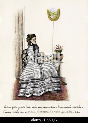 Französische Mode aus der Viktorianischen Zeit datiert 1872. Original Aquarell Malerei mit Beschreibung von Design in französischer Sprache Künstler unbekannt 1870s Stockfoto