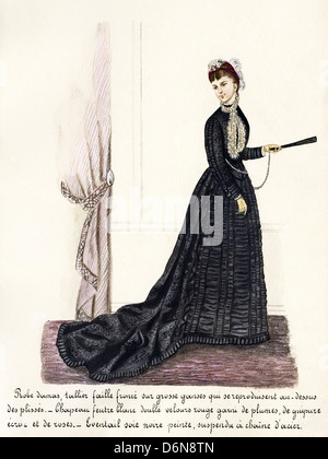 Französische Mode aus dem viktorianischen Zeitalter ca. 1870 s. Original Aquarell-Malerei mit Beschreibung des Designs in französischer Sprachkünstler unbekannt Stockfoto