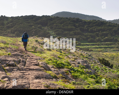Männliche Wanderer auf seinem Weg über das Teno Alto-Plateau im Westen von Teneriffa, abwechslungsreiche Landschaft mit Bauernhöfen und Hügel Stockfoto