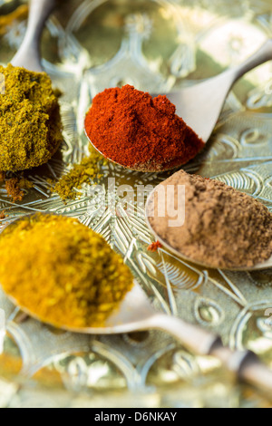 Esslöffel Currypulver, Piment, paprika Stockfoto