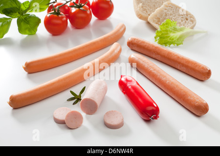 Riedlingen, Deutschland, verschiedene Brühwürste Stockfoto