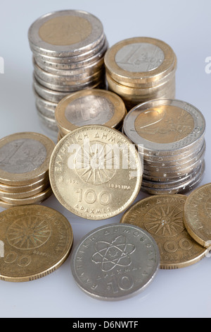 Berlin, Deutschland, Euromuenzen und ehemalige griechische Drachme Münzen Stockfoto