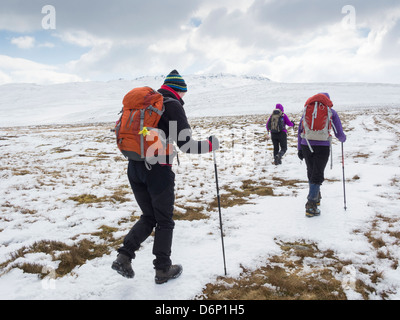 Drei Frauen, Wanderer, wandern Tal-y-Fan Berg im tiefen Schnee in den Bergen von Snowdonia Nationalpark, Conwy, North Wales, UK Stockfoto