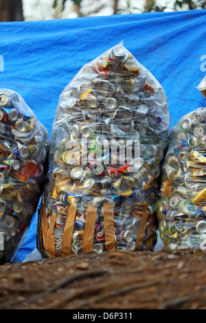 Müll und Aluminium Blechdosen für die Wiederverwertung in Säcken im Park am Ueno, Tokyo, Japan Stockfoto