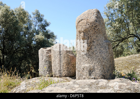 Geschnitzte Bronzezeit Granit Figurenmenhire in Filitosa, 3500 Jahre alt, eine intakte mit einem mürrischen Gesicht, Korsika, Frankreich Stockfoto