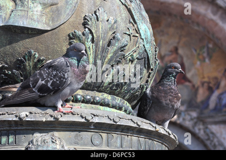 Tauben sitzen auf den geformten Bronze Sockel aus den zentralen Flaggenmast vor dem Markusdom, Venedig, Italien. Stockfoto