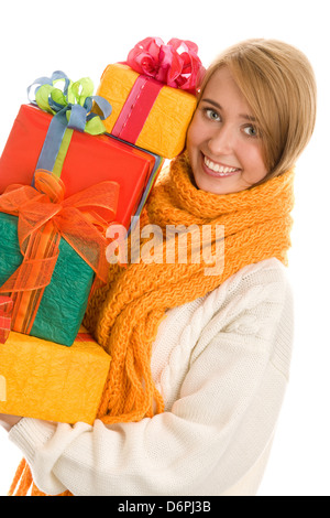 Frau mit Haufen von Geschenken Stockfoto