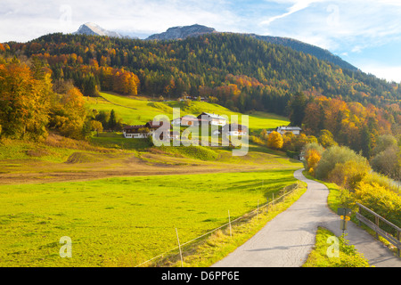 Radweg durch ländliche Berglandschaft im Herbst, in der Nähe von Berchtesgaden, Bayern, Deutschland, Europa Stockfoto