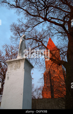 Wroclaw, Polen, Skulptur von Maria und die Kirche St. Hedwig in der Dämmerung Stockfoto