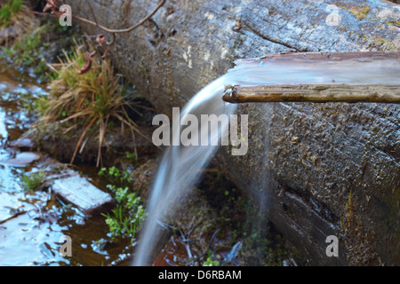 Quellwasser fließt auf einem hölzernen Kanal Stockfoto