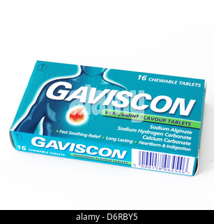 Paket von Gaviscon Pfefferminz-Aroma-Tabletten auf weißem Hintergrund Stockfoto