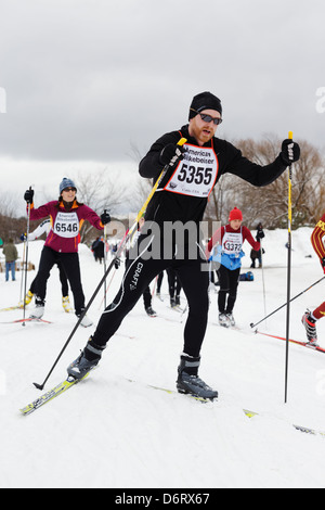 Skifahrer in der Nähe der Ziellinie des 50 km American Birkebeiner in Hayward Wisconsin am 23. Februar 2013. Stockfoto