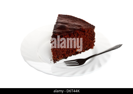 Stück Schokoladenkuchen auf Teller weiß-Hintergrund Stockfoto