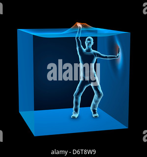3D Computer Illustration des Menschen gefangen in blauen transparenten Würfel Stockfoto