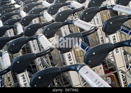 Viele Gepäckwagen, aufgereiht auf einem Flughafen Stockfoto