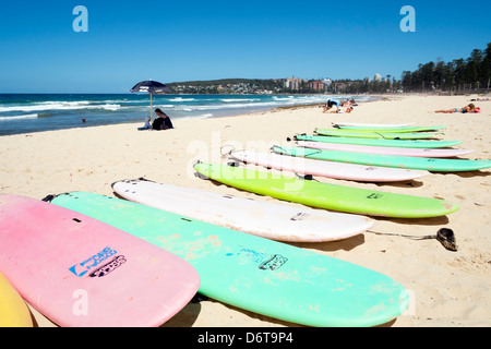 Surfbretter aufgereiht am Strand von Manly Beach in Australien Stockfoto