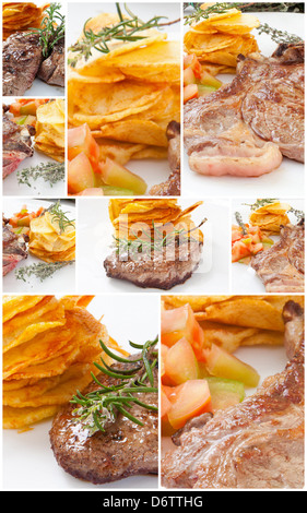Collage-Zusammensetzung der verschiedenen Arten von Fleisch mit gebraten Stockfoto