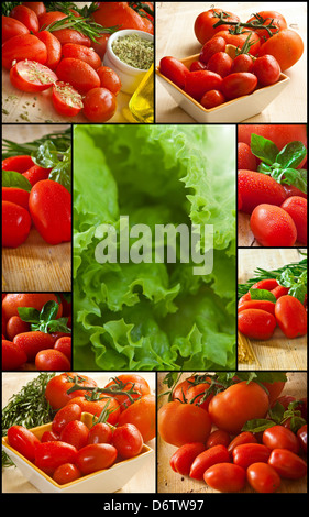 Collage aus verschiedenen Arten von Tomaten und Salat Stockfoto