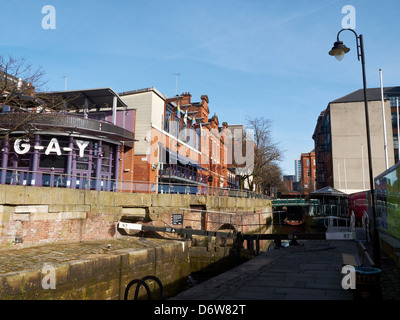 Canal Street mit Rochdale Kanal und G-A-Y Bar in Manchester UK Stockfoto