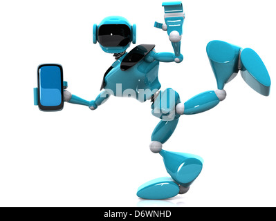 3D Abbildung einer blauer Roboter und Telefon auf weißem Hintergrund Stockfoto