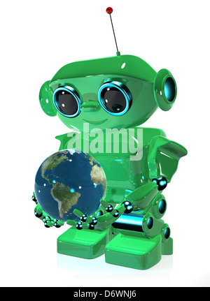 3D Abbildung grüne Roboter mit Antenne und Erde Stockfoto