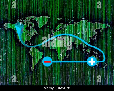 Symbol für die Elektroautos auf Weltkarte mit Wasser & Moss Hintergrund Stockfoto