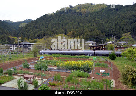 23. April 2013, durchzieht Hanno, Japan - A Seibu Railway Co. express Zug nach Chichibu, etwa 112 km nordwestlich von Tokio, der Vorort der Präfektur Saitama auf des Unternehmens 19 km Seibu Chichibu Linie auf Dienstag, 23. April 2013.  US-Equity-Fonds Cerberus Capital Management hat ein Übernahmeangebot zu steigern ihren Anteil von derzeit 32 Prozent auf knapp 45 Prozent in einem scheinbaren Gebot Eigeninitiative bei der Verwaltung von Seibu Holdings, Bahnhof und Hotel Betreiber gemacht. Gerüchte, die die US-Investmentgesellschaft fordert, dass die unrentablen Amtsleitung geschlossen werden machte lokale Gouverneur ein Stockfoto