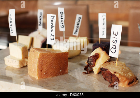 Auswahl an Käse mit Namen. Stockfoto